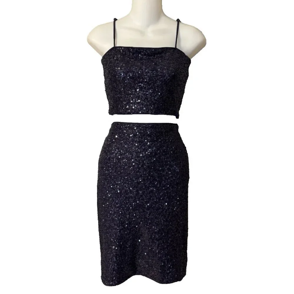 Susana Monaco 2 PC Set S Small Thunder Blue Sequin Crop Top & Skirt NWT $256